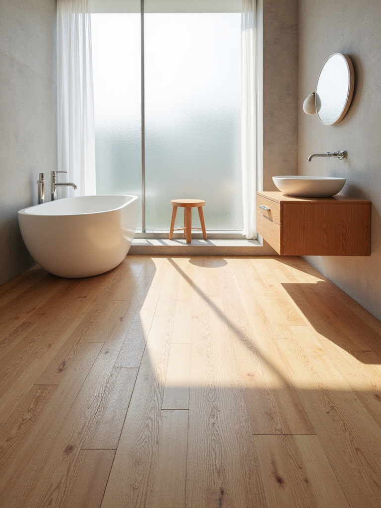 Warm wood flooring in a modern bathroom with a freestanding tub and floating vanity.