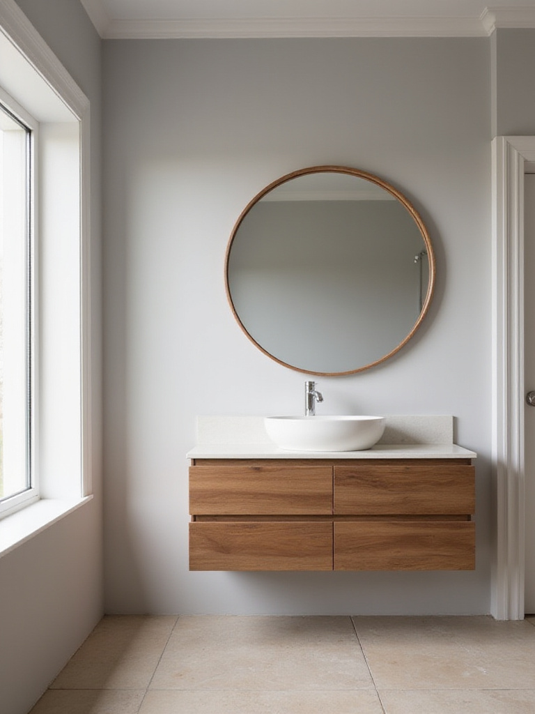 Modern bathroom with warm wood vanity and round wood-framed mirror.