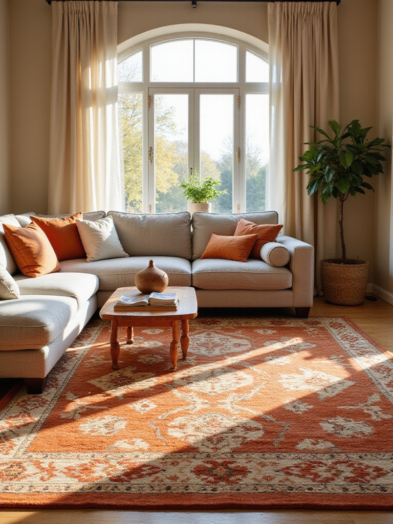 Living room with warm-toned Moroccan rug, light gray sofa, and soft lighting creating a cozy atmosphere.