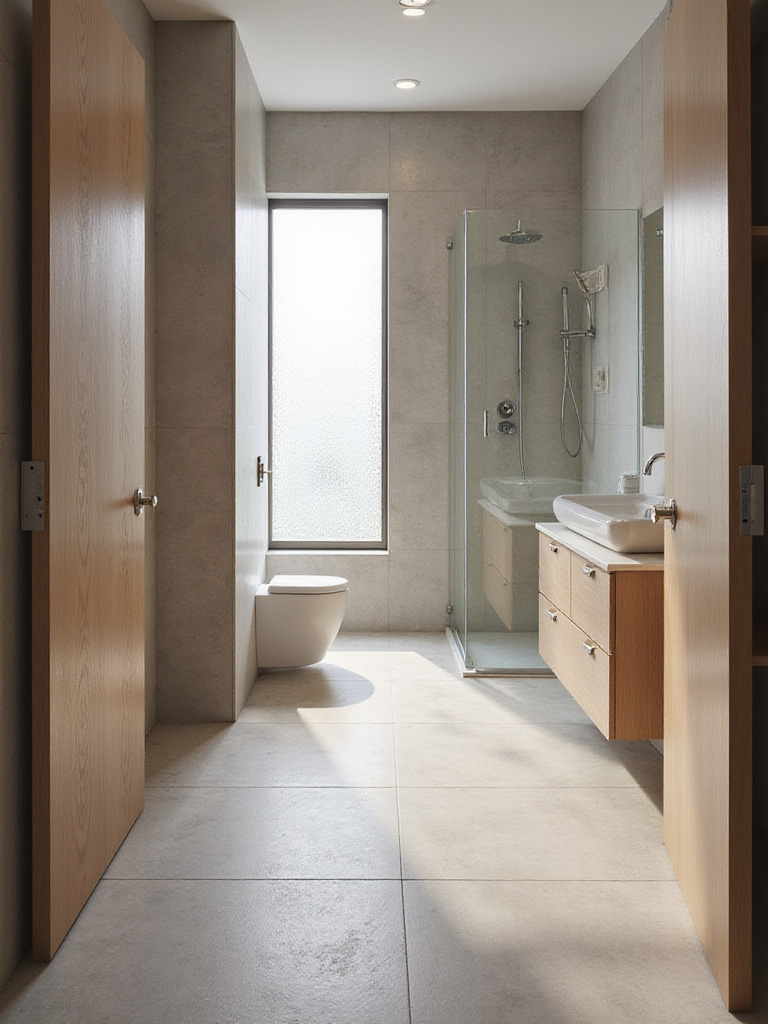 Modern bathroom with light grey porcelain tile flooring and underfloor heating.