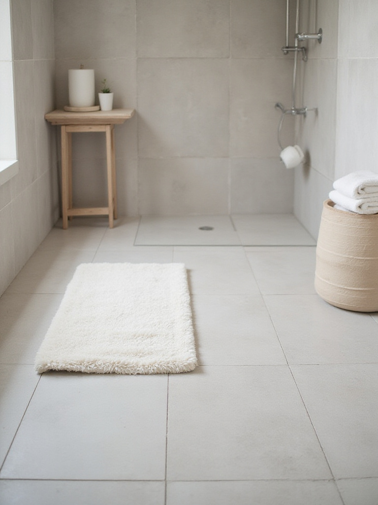 Modern bathroom with light grey tile and radiant heated floors.