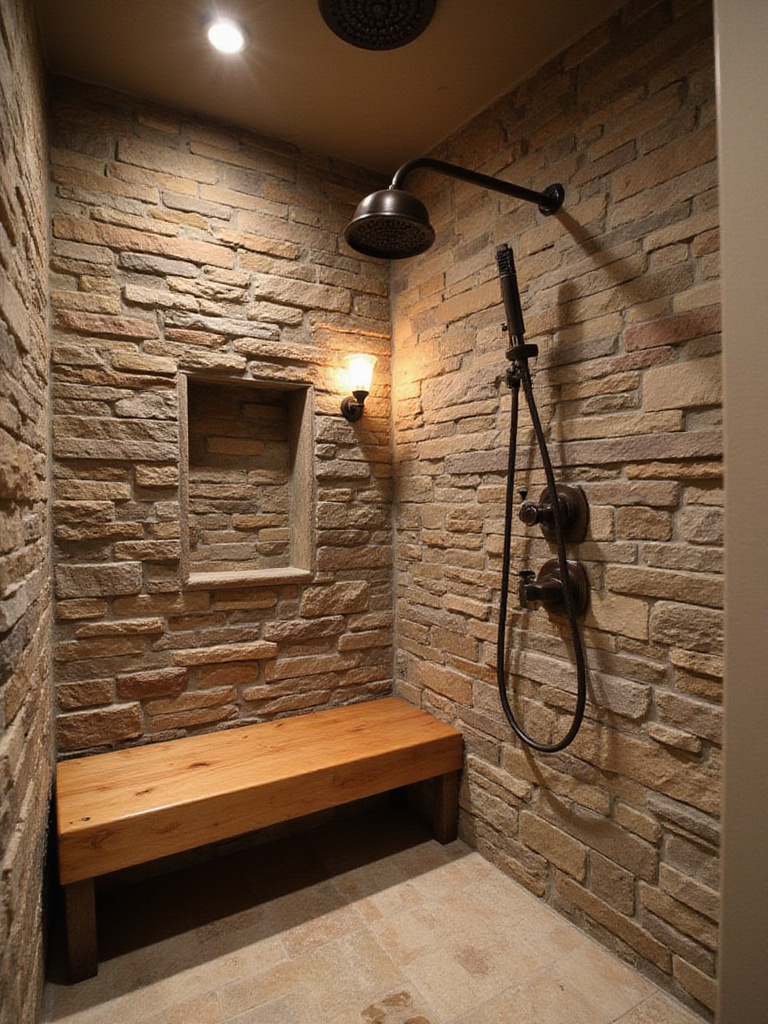 Rustic shower with stone wall, teak bench, and oil-rubbed bronze fixtures