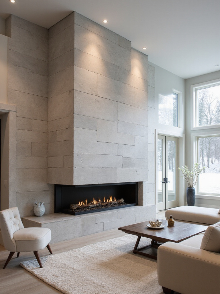 Luxurious living room with a floor-to-ceiling light grey limestone fireplace.