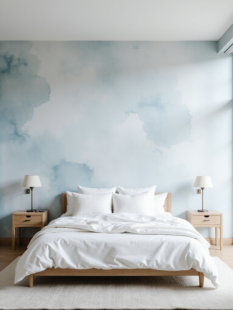 Light blue and white watercolor wallpaper in a modern bedroom