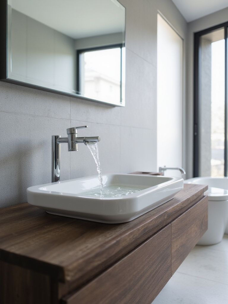 Modern bathroom with dark wood vanity and chrome waterfall faucet