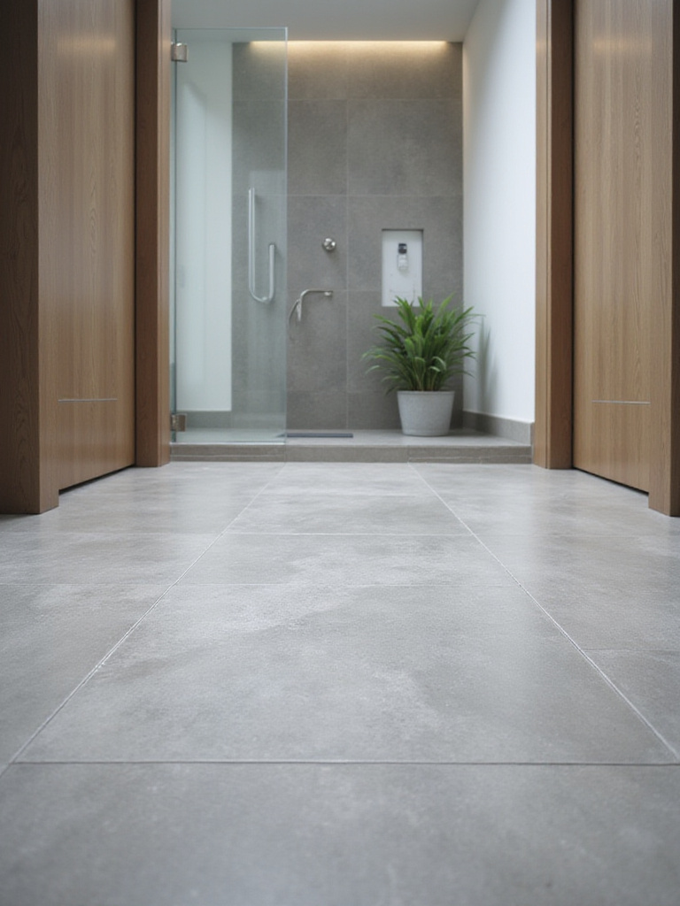 Modern bathroom floor with large format grey porcelain tiles, showcasing waterproof design.