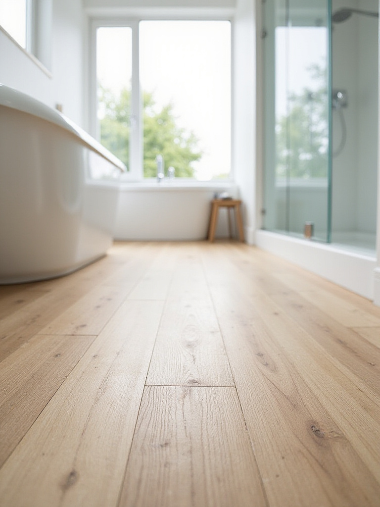 Waterproof laminate flooring in a modern bathroom with a freestanding tub.