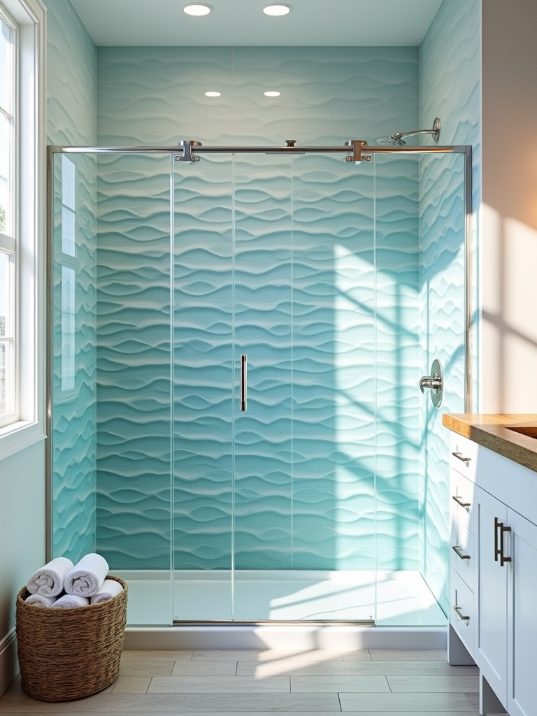 Coastal bathroom with blue and white wave-like textured tiles in shower, creating a dynamic ocean-inspired design.