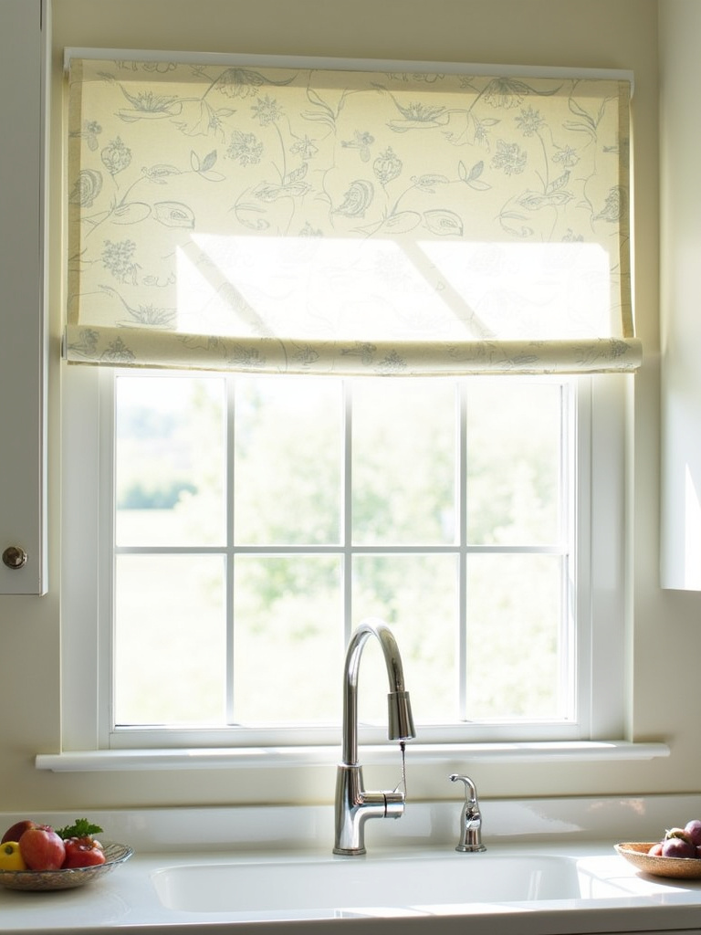 Stylish kitchen window with patterned roller shades providing light and privacy.
