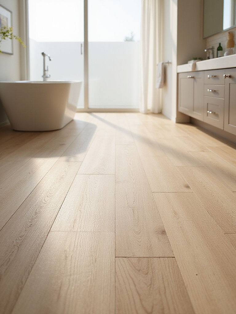 Bathroom featuring light brown wood-look porcelain tile flooring