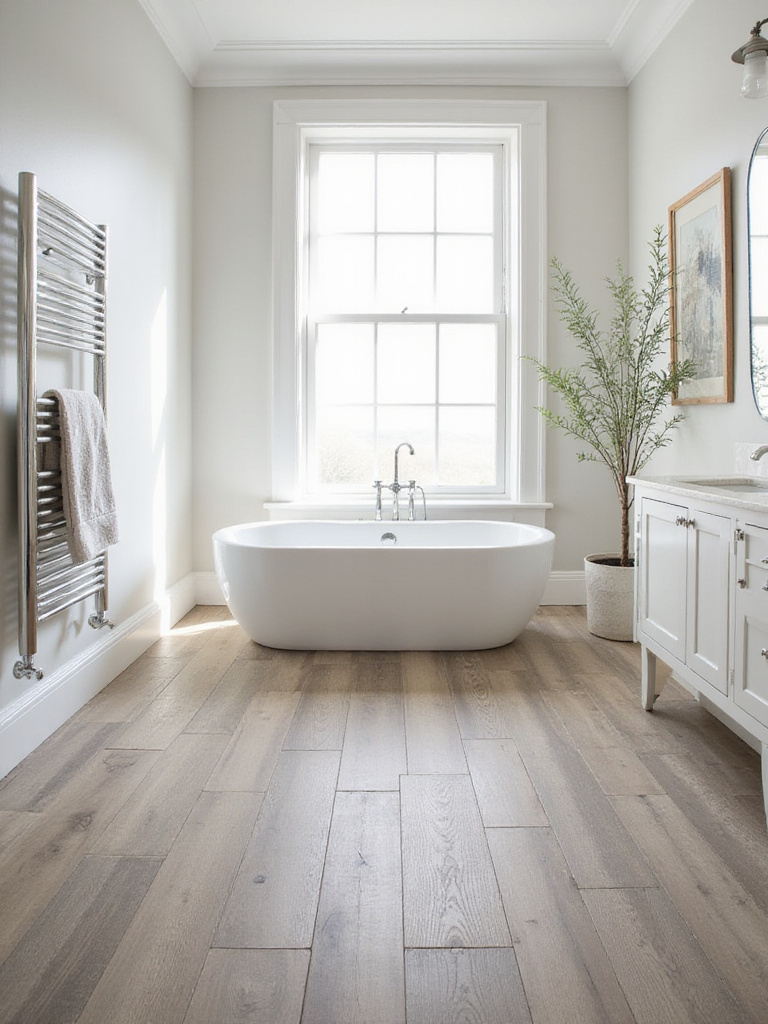 Bathroom with wood-look tile flooring in a herringbone pattern