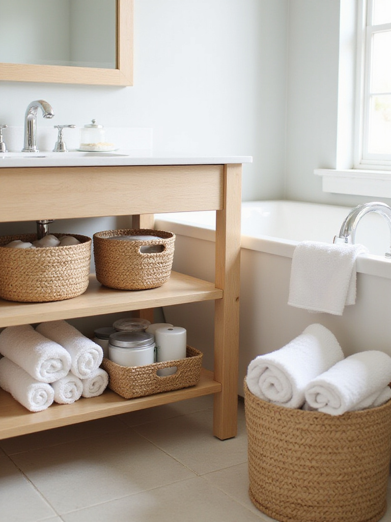 Modern bathroom with woven baskets and organizers under vanity for storage