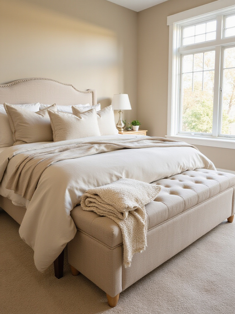Beige bedroom with king-size bed and upholstered beige bench at the foot