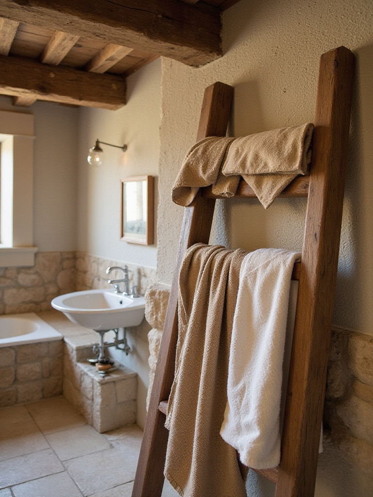 Rustic bathroom with wooden ladder displaying burlap and linen textured towels.