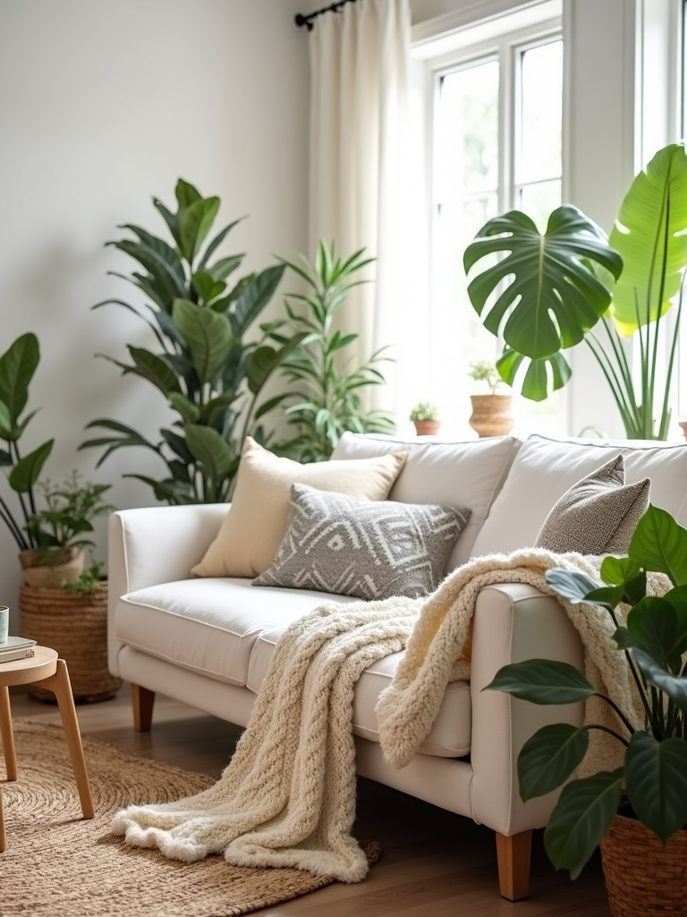 Boho living room with chunky knit throw blanket draped over sofa