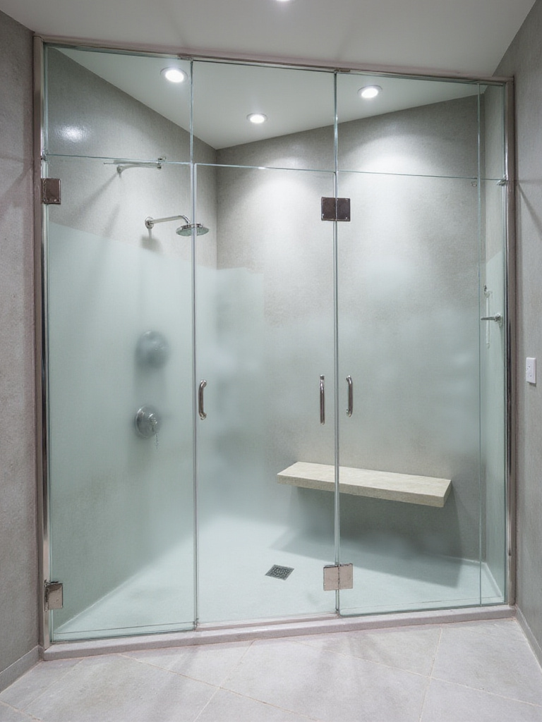 Modern steam shower enclosure with light grey tiles and diffused lighting