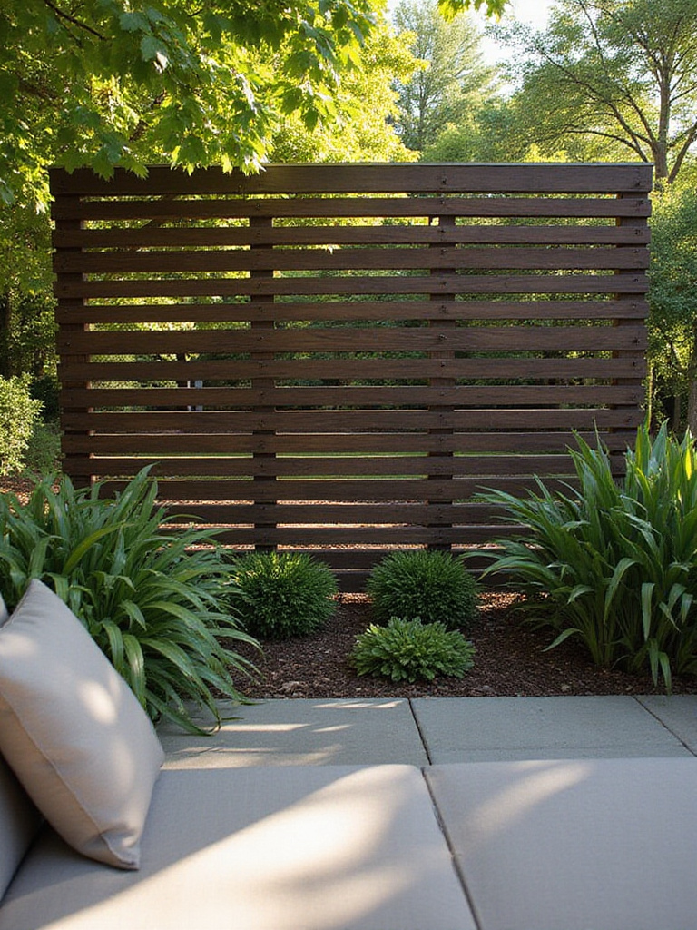 Stylish wood slat privacy screen creating a secluded patio oasis.