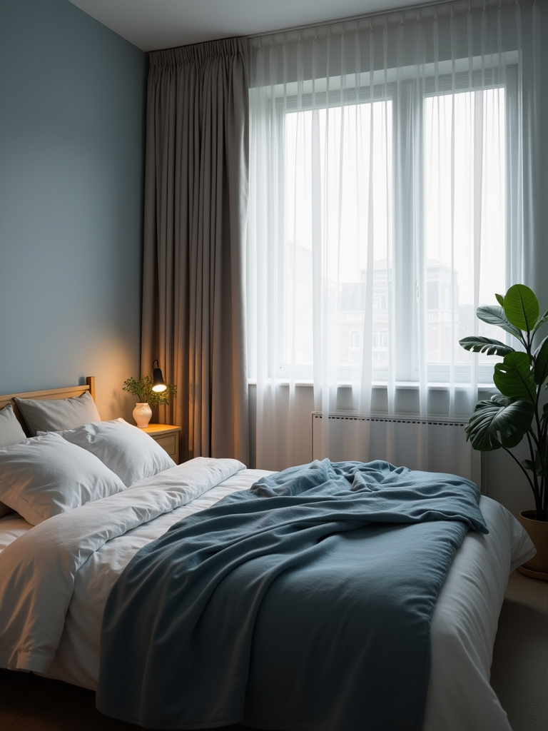 Relaxing apartment bedroom with calming colors and soft lighting designed for restful sleep.