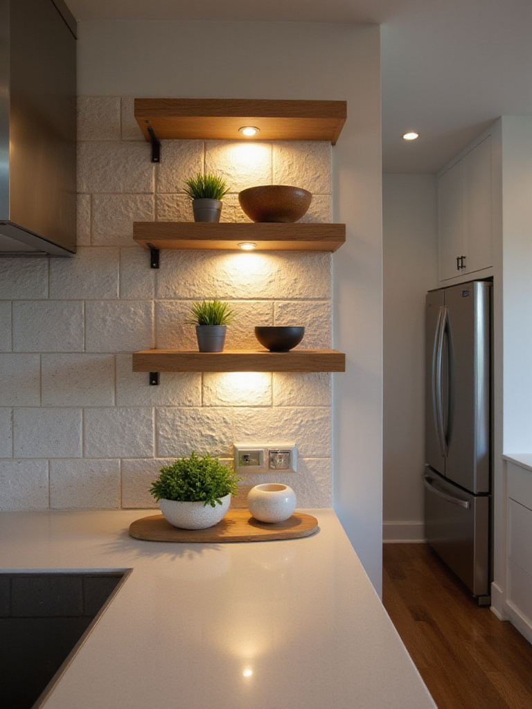 Kitchen scene showing open shelves and a tile backsplash highlighted by warm accent lighting.