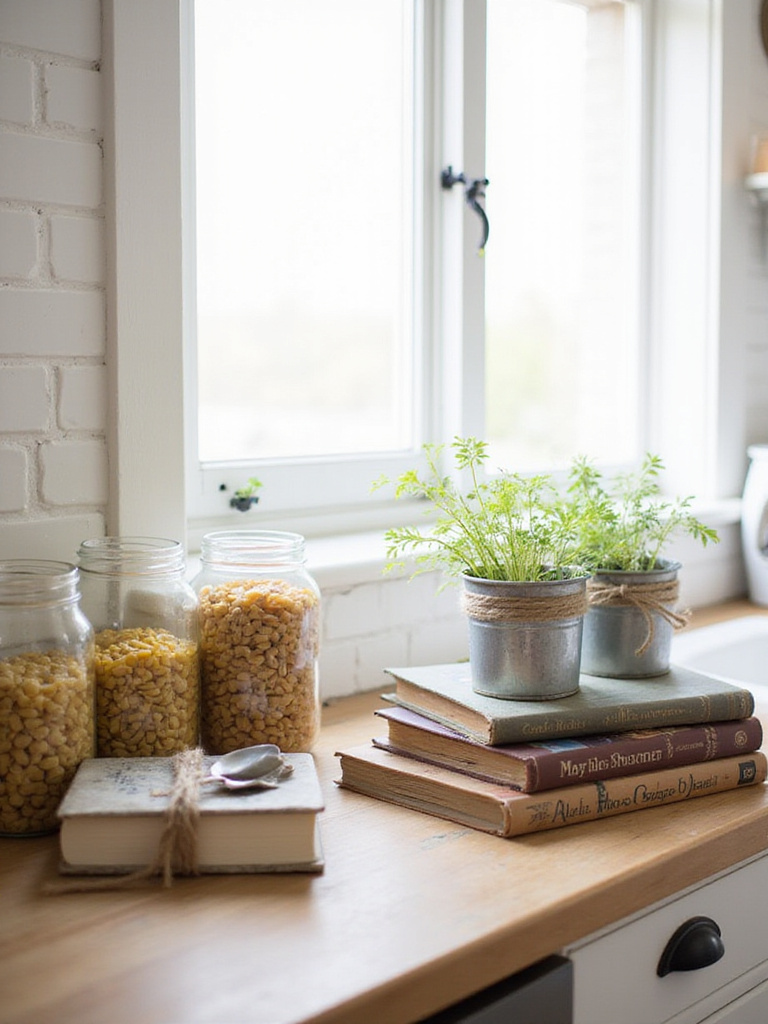 Kitchen countertop with vintage and repurposed accessories, adding personality and charm.