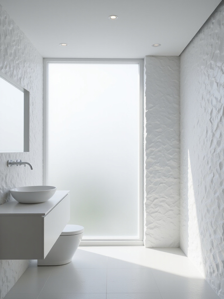 Modern bathroom featuring a white geometric 3D wall panel