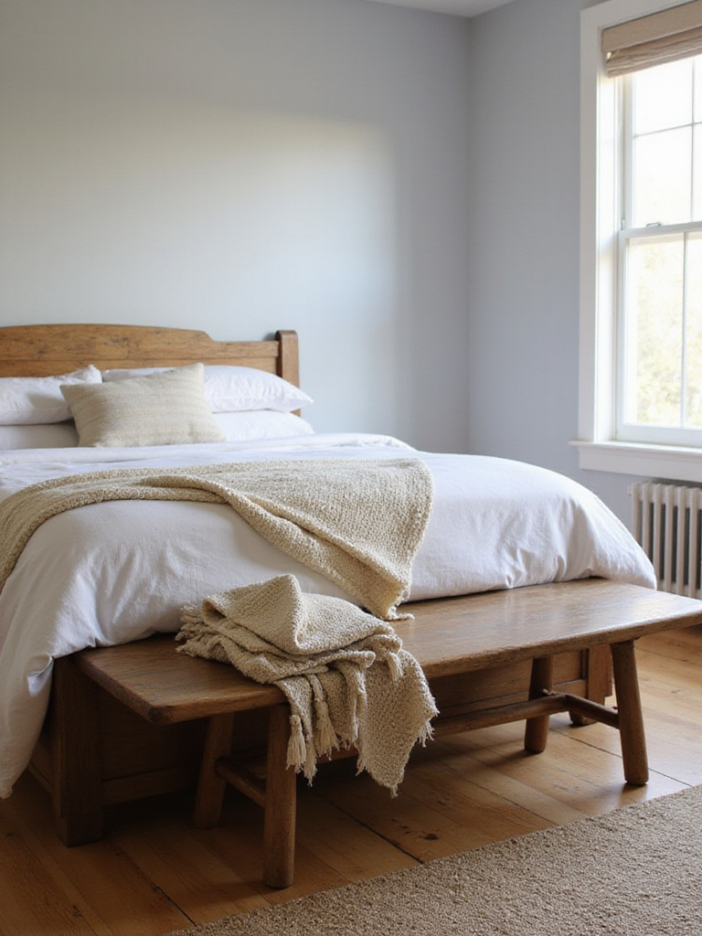 Farmhouse bedroom with white bedding and a rustic wooden bed bench.