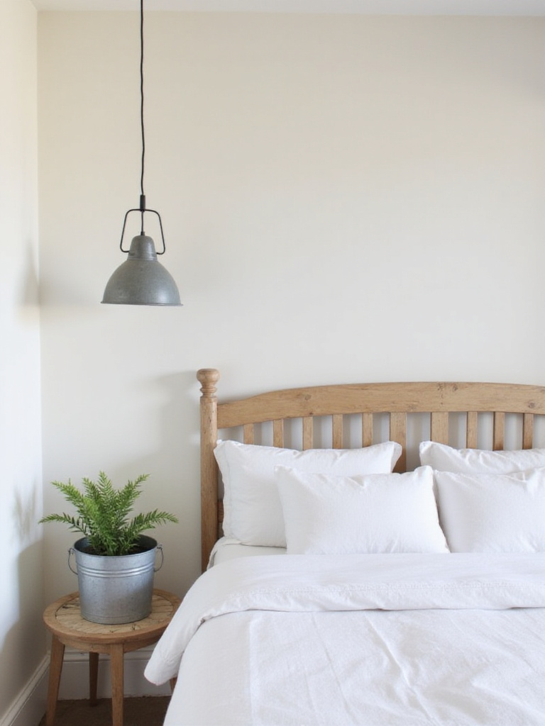 Farmhouse bedroom with galvanized metal lighting and accents