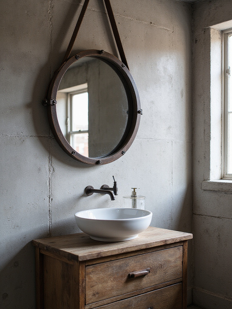 Industrial bathroom featuring metal mirror and concrete wall
