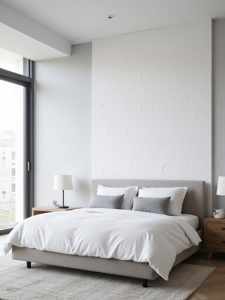 Modern bedroom with white textured 3D geometric wallpaper on accent wall.
