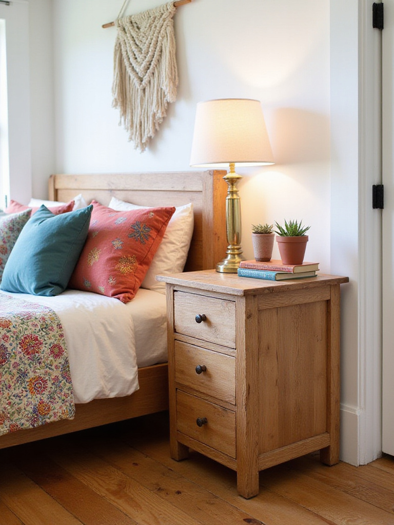 Vintage wooden nightstand with succulent and lamp in boho bedroom