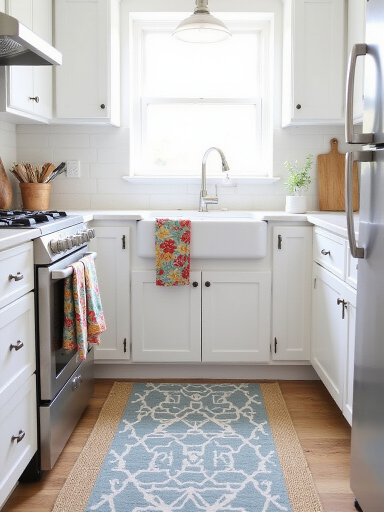 Kitchen with patterned runner rug in front of sink and colorful tea towels.