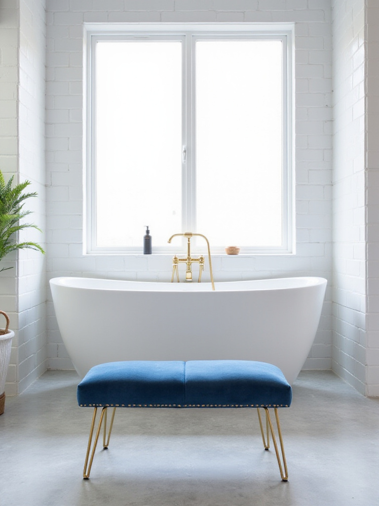 Blue velvet bench in modern bathroom