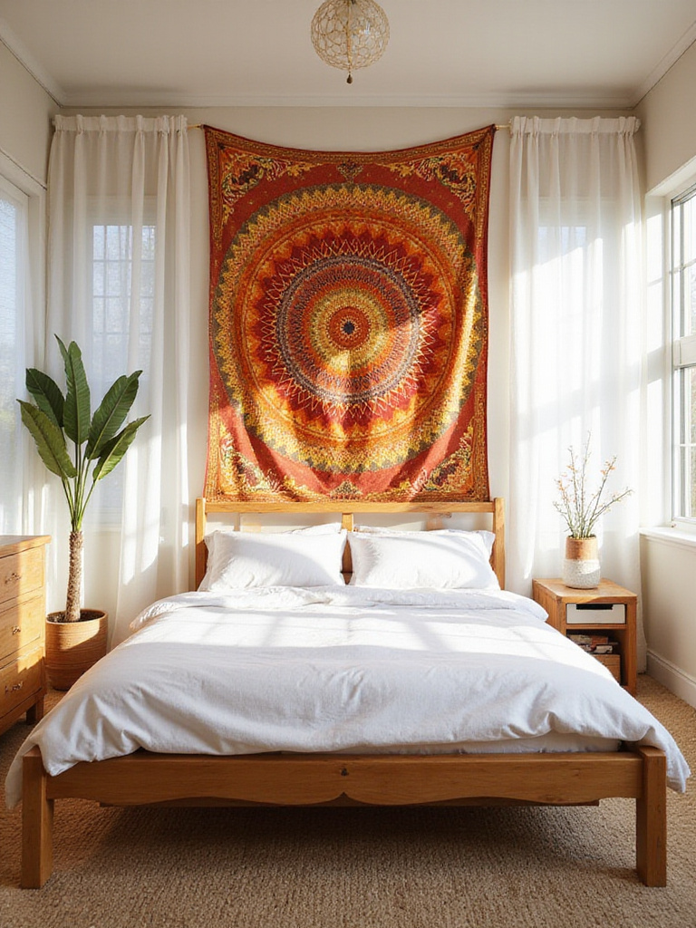 Boho bedroom with vibrant mandala tapestry hanging above the bed