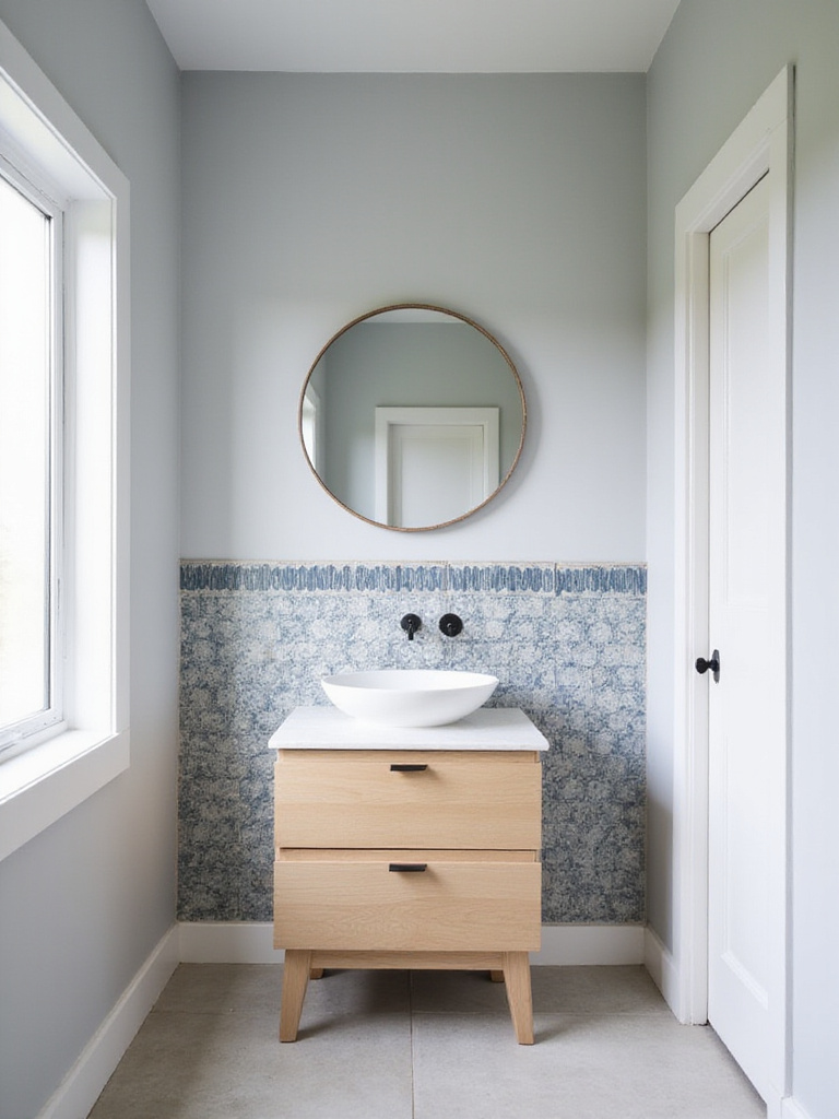 Bathroom vanity with a blue and grey Moroccan tile accent wall