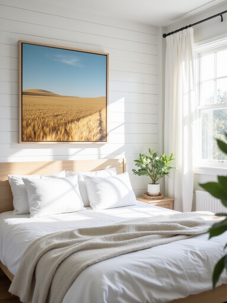 Farmhouse bedroom with landscape art above the bed.