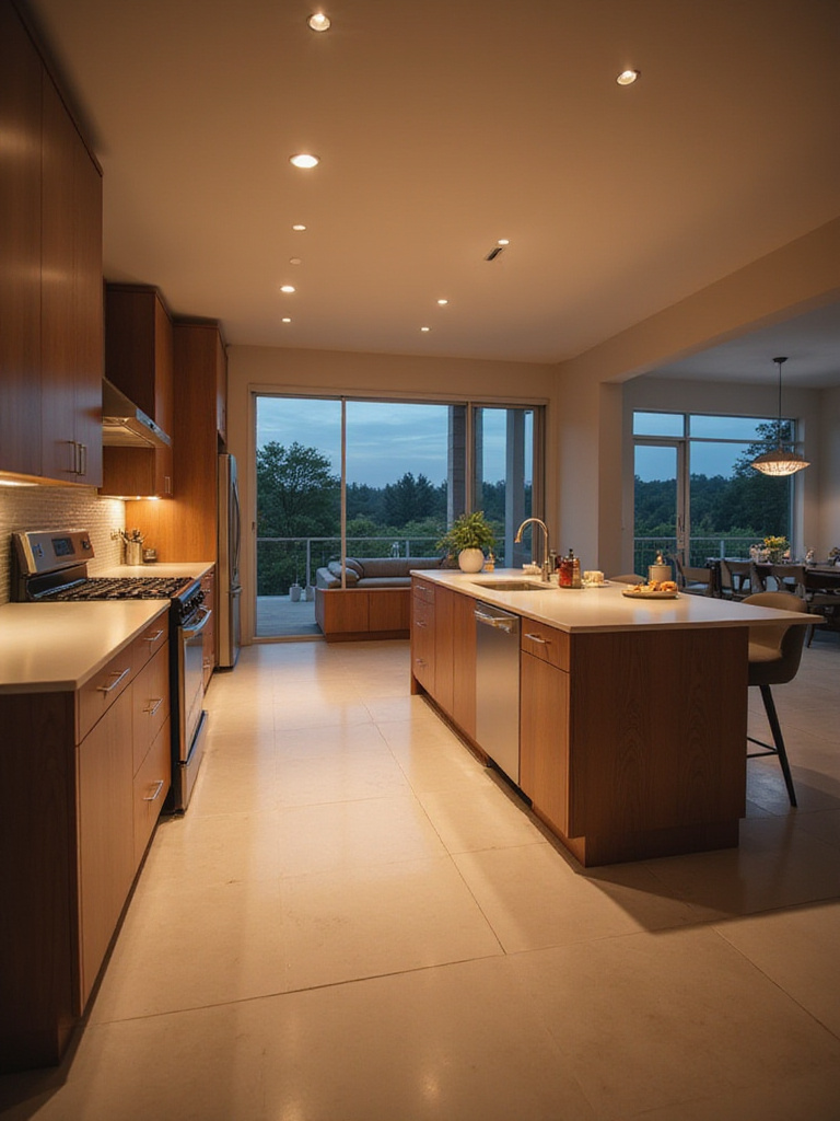 A modern kitchen interior illuminated by warm, even ambient light from recessed ceiling fixtures, showing the overall layout.