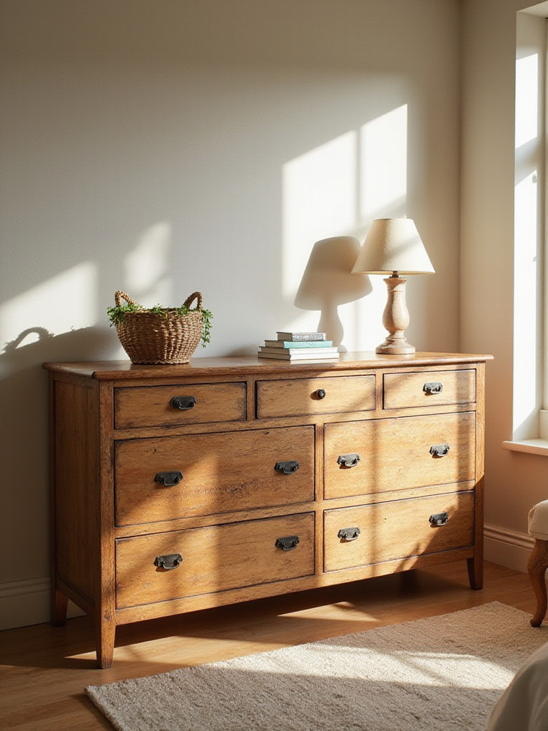 Rustic wooden dresser anchoring a boho bedroom