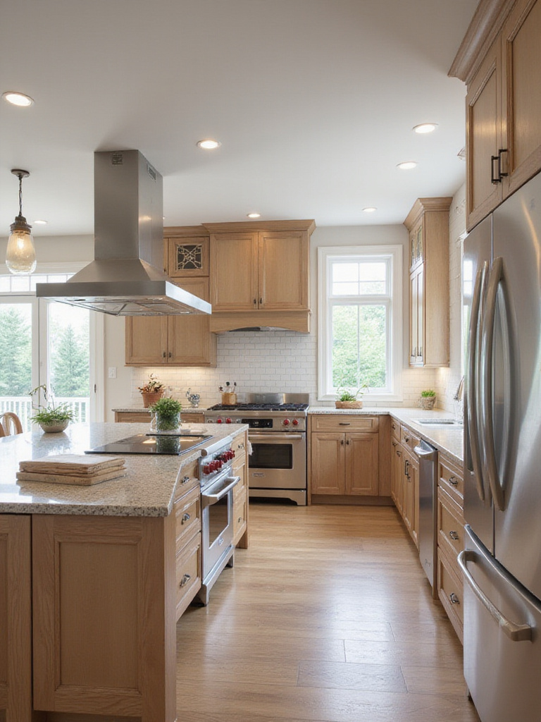 Modern kitchen design featuring stainless steel range and panel-ready integrated refrigerator and dishwasher.
