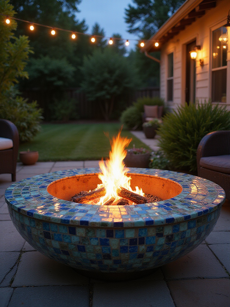 Artistic tiled circular fire pit with a vibrant mosaic pattern glowing with fire on a stone patio in a cozy backyard at dusk, surrounded by plants and seating.