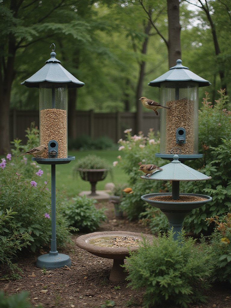 Garden with bird feeders and bird bath, attracting birds to a vibrant backyard.
