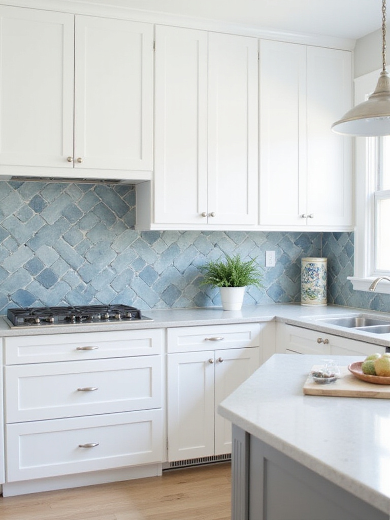 Modern kitchen with geometric blue and grey textured tile backsplash.