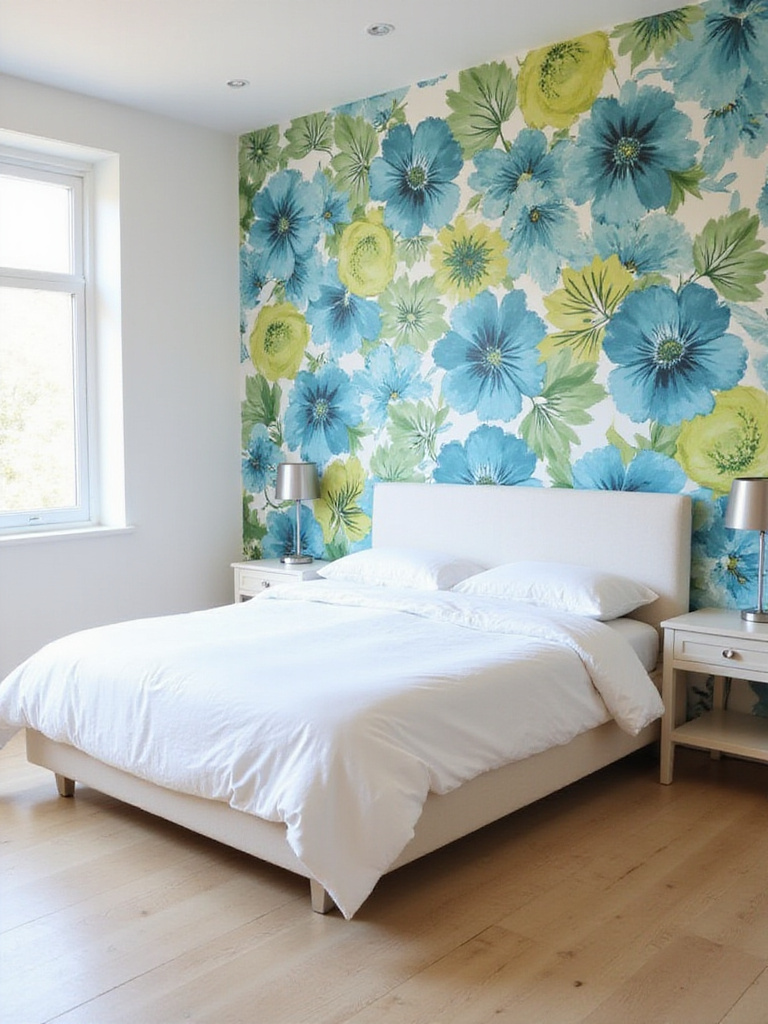 Modern bedroom with bold floral wallpaper accent wall and minimalist white furniture.
