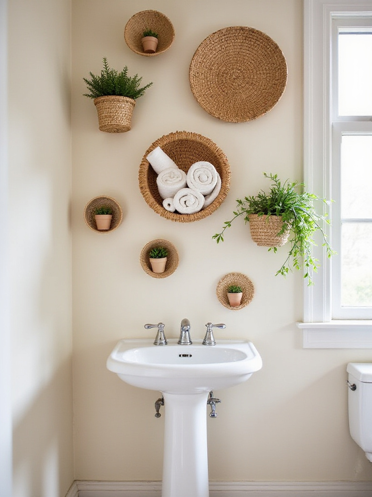 Bathroom wall decorated with woven baskets for storage and style.