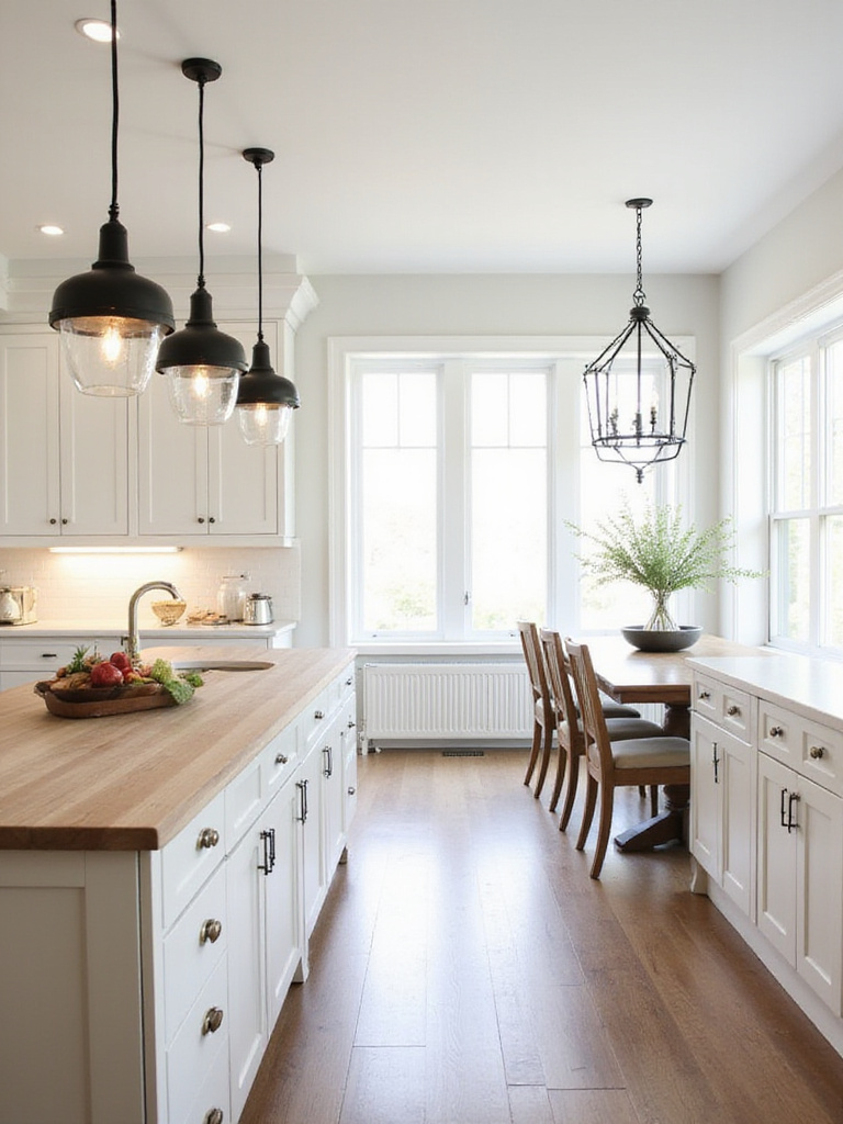 Farmhouse kitchen with white cabinets, light wood countertops, and black metal pendant lights and chandelier.
