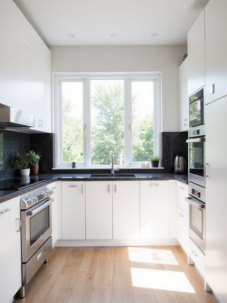 Modern black and white kitchen with granite countertops and patterned backsplash