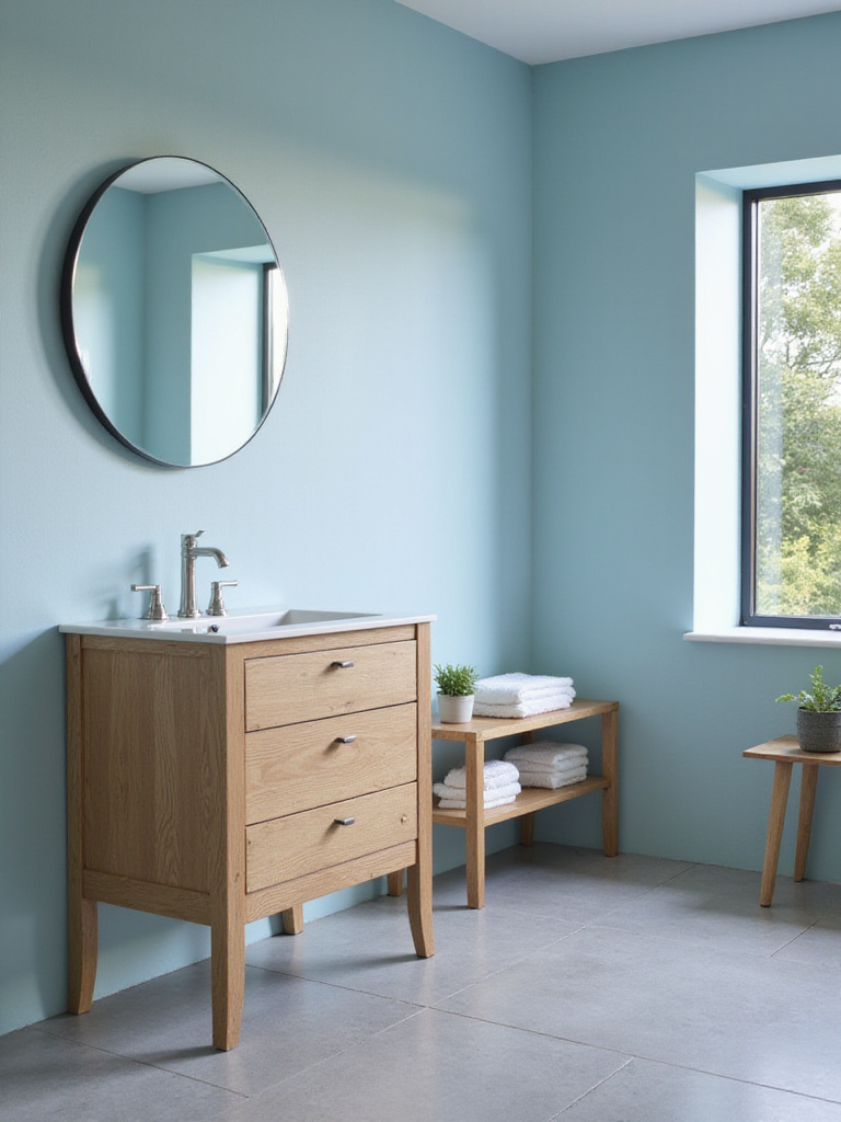 Blue bathroom with natural wood vanity and shelves