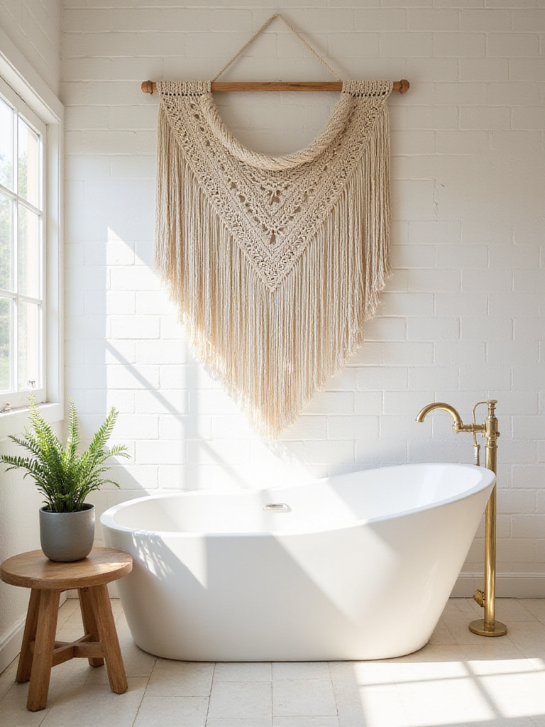 Boho bathroom with a large cream-colored macrame wall hanging above the bathtub