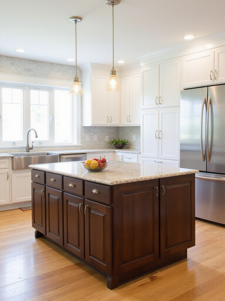 Kitchen with a freestanding kitchen island providing extra counter and storage space.