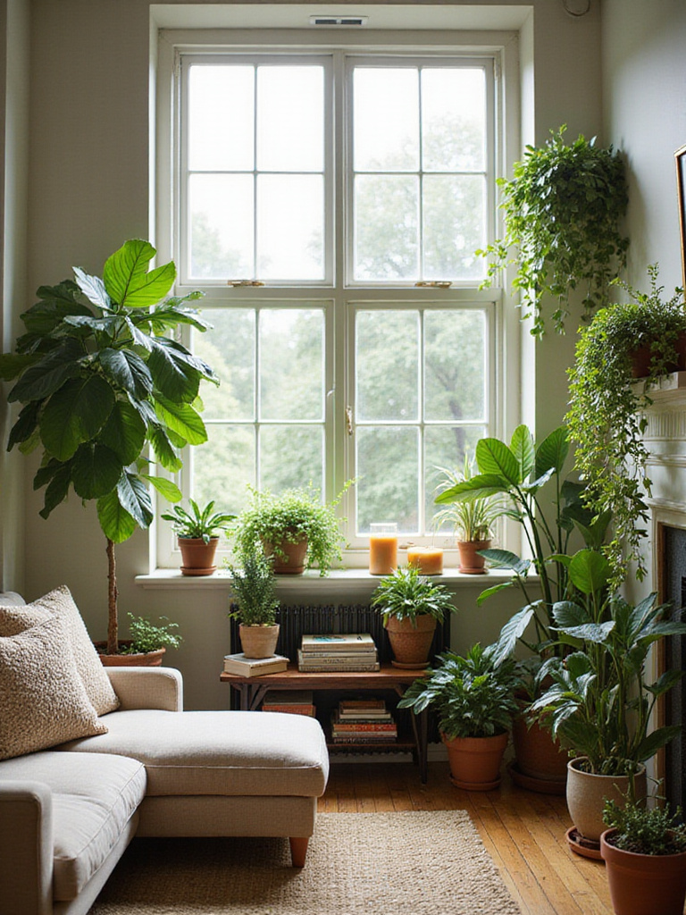 Cozy living room filled with various indoor plants, creating a fresh and inviting atmosphere.