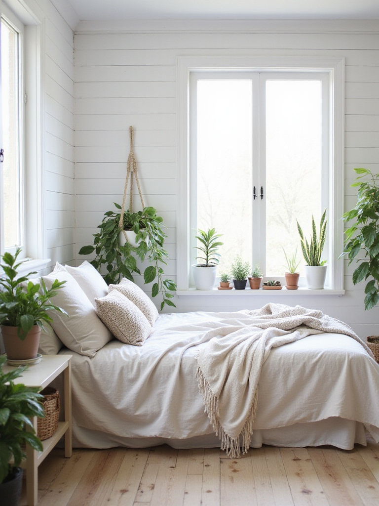 Farmhouse bedroom with various potted plants adding natural beauty and air purification.
